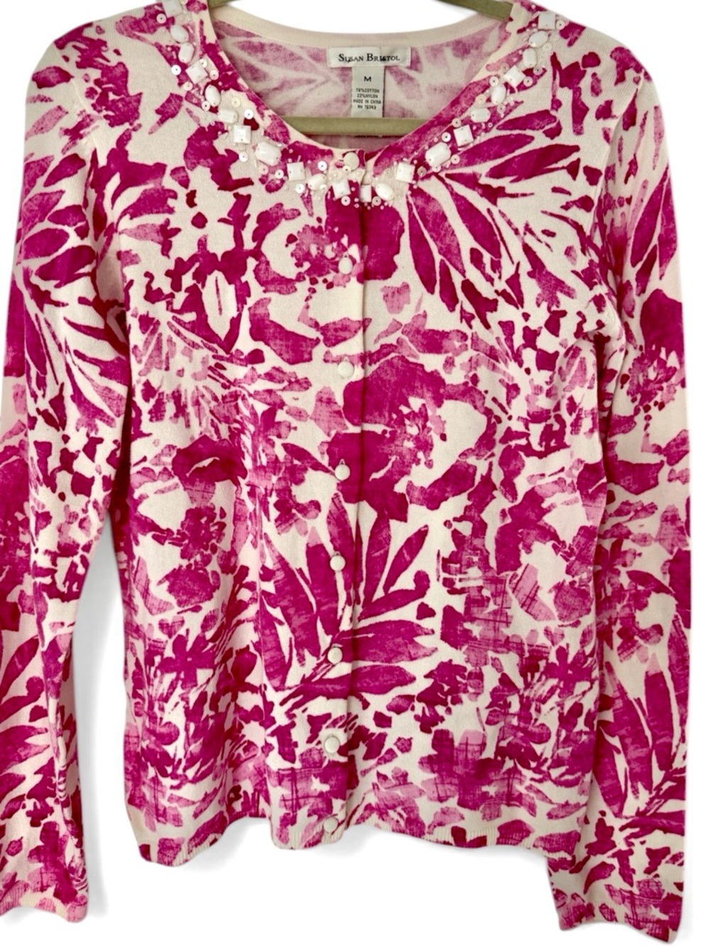 Susan Bristol Vintage Beaded Floral Cardigan Pink White Cotton Blend Knit M